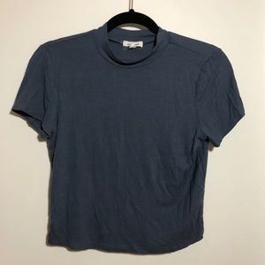 Blue Ribbed High Neck Crop Top